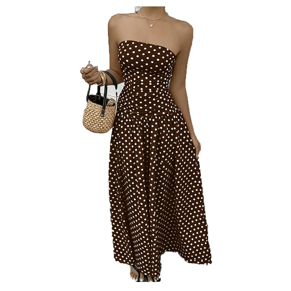Women's Polka Dot Print Waist-Cinching Vest Dress Vacation Style Long Brown Maxi Skirt Elegant Casual Summer Fashion - Image 6
