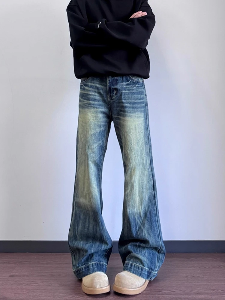 Retro Blue Flared Jeans Men's American High Street Vibe CleanFit Tall Extended Straight Leg Pants Youth Casual Wear
