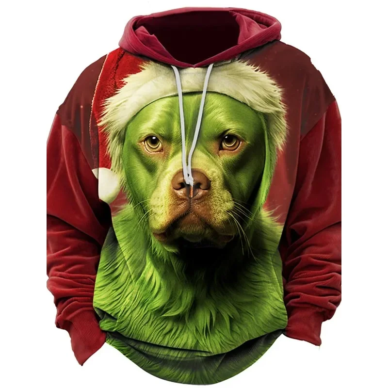Men's Hooded Hoodies 3D Print Christmas Theme Green Dog Graphic Sweatshirt Drawstring Long Sleeve Streetwear Tops Men's Clothing