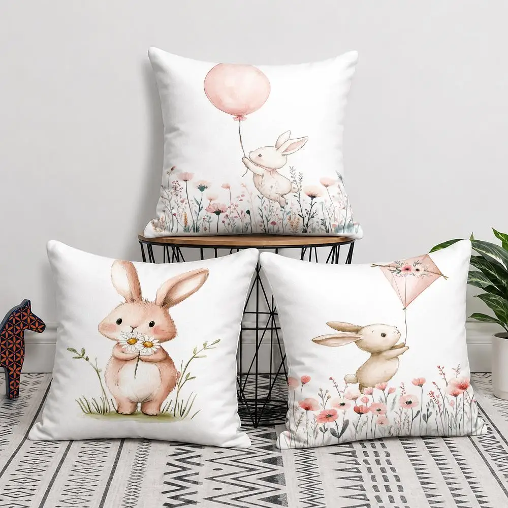 Watercolor Bunny Floral World Cushion Cover Silky Short Plush Invisible Zipper Dustproof Sofa Pillow Case For Home Decor