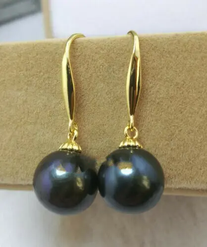 AAAAA 8mm Natural Black Tahiti Round Pearl Earrings 14K Yellow Gold fine jewelryJewelry Making