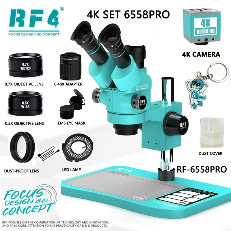 RF4 6558 Trinocular Microscope 6.5X-58X Zoom HDMI 4K Camera For Mobile Phones Motherboard Repair Take Photos and Record Videos