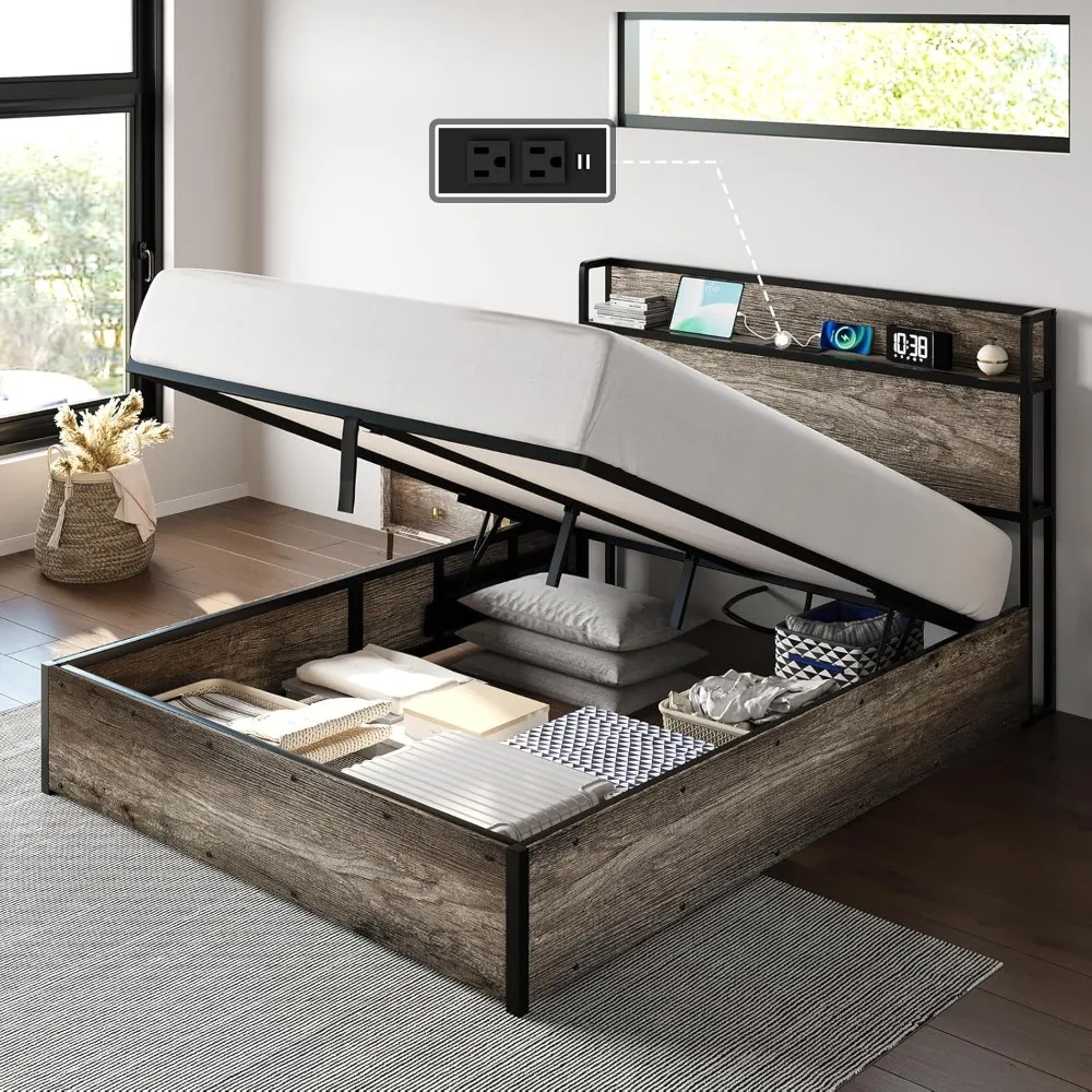 

Queen Size Lift Up Storage Bed Frame, Wooden Platform Bed Frame with Lifting Storage & Charging Station, No Spring Box Needed