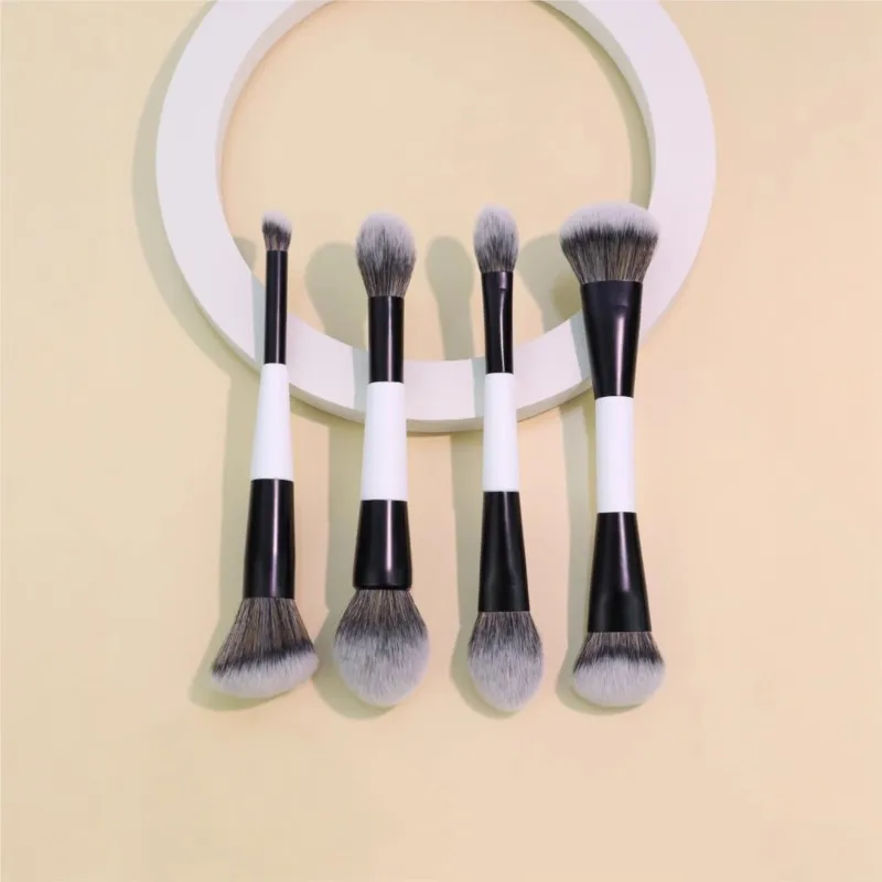 Set di pennelli per trucco a doppia faccia da 4 pezzi per fondotinta, contorno, miscelazione, evidenziazione, fard in polvere