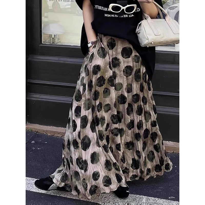 ZHIZOU Elegant Green Dot Skirt Women Vintage 90s High Waisted Holiday Beach Skirt A Line Skinny Print Tie Dye Pretty Style Skirt