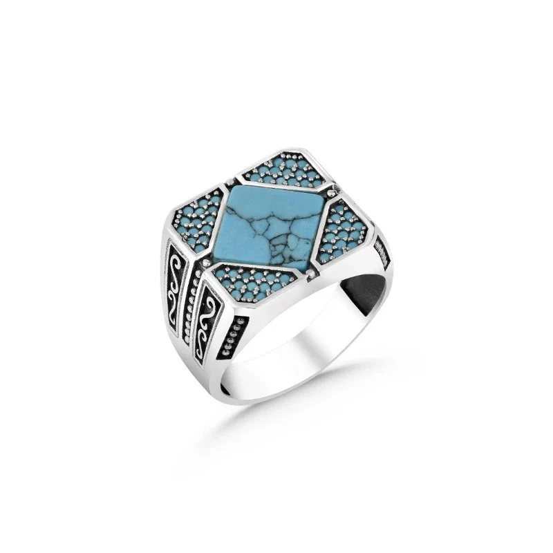 Retro minimalist turquoise men\'s alloy ring
