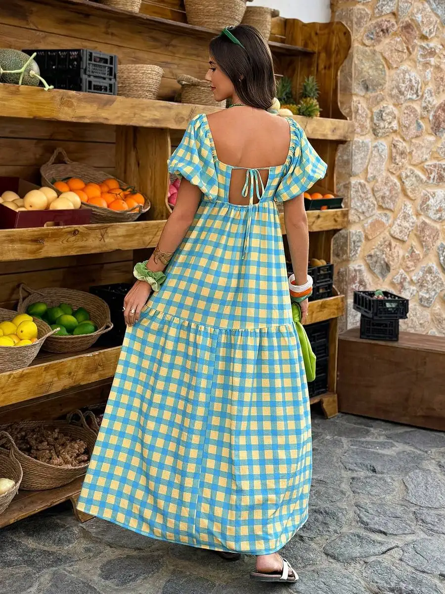

Yellow And Blue Plaid Square Neck Puff Sleeve Maxi Dress Retro Bohemian Style For Vacation Daily Casual Wear