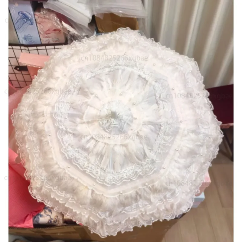 Handmade Gothic Lolita Umbrella with Dark Feathers Lace Trim Wedding Photography Parasol