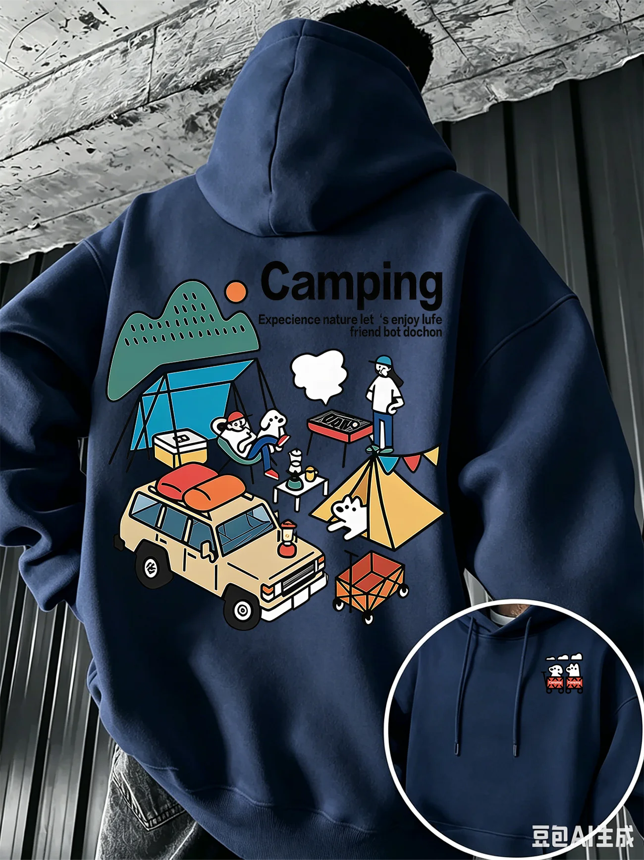 Herren Oversized Hoodie mit Cartoon-Camping-Auto-Zelt-Grafik Vorne und Hinten Doppeldruck Pullover Sweatshirt Herbst Winter Outdoor Streetwear – Detail 4