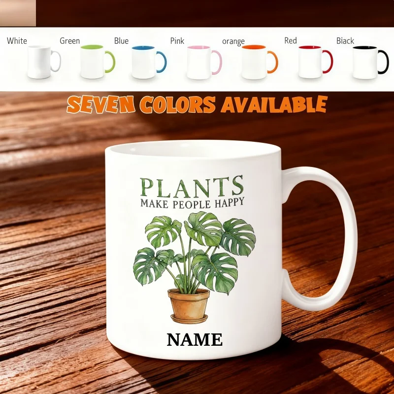 Custom Name Coffee Mug with Monstera Plant Illustration - Perfect Holiday and Birthday Gift - Personalized Ceramic Mug