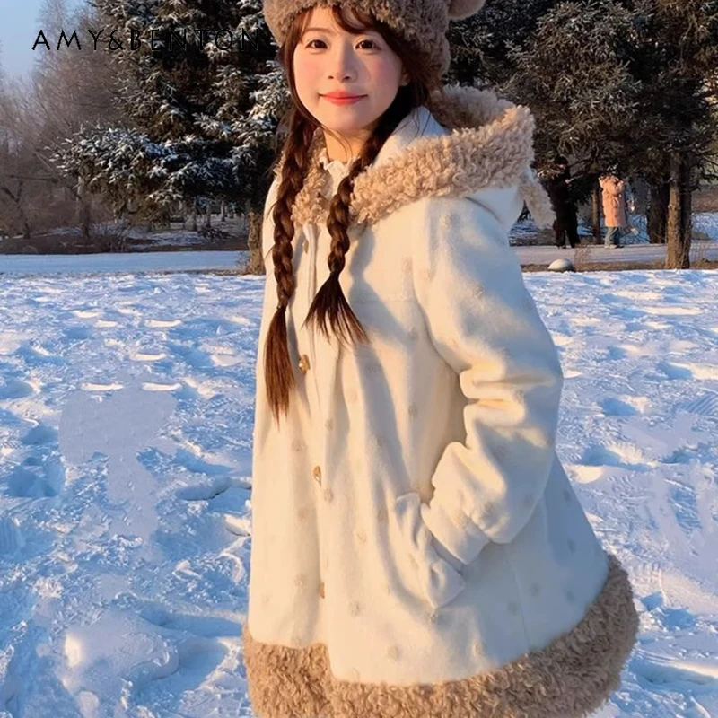 

Korean Style Sweet Girl Y2k Women's Coat 2025 Winter New Cute Polka Dot Bow Hooded Loose Plush Splicing Keep Warm Jackets Ladies
