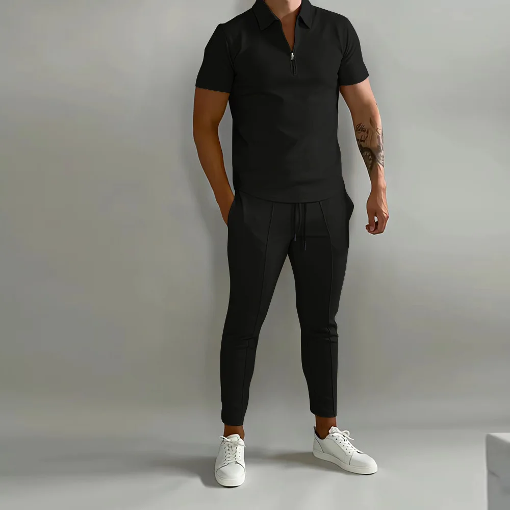 2024 Spring and summer menswear slim trend youth leisure sports polo suit, zipper pullover jacket drawstring trousers monochrome