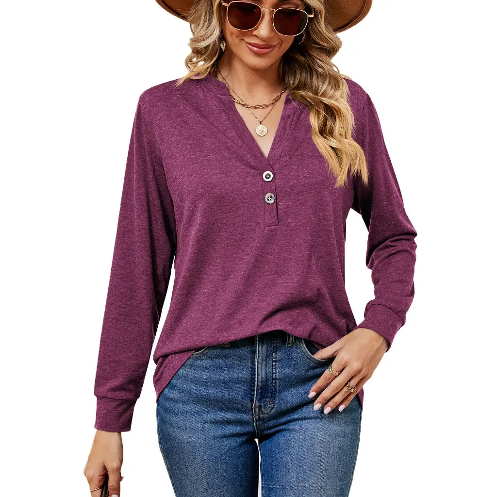 

Women's V-neck Long-Sleeved T-shirt Loose Fit Solid Color Top Button Detail Autumn Winter New Arrival Fashion