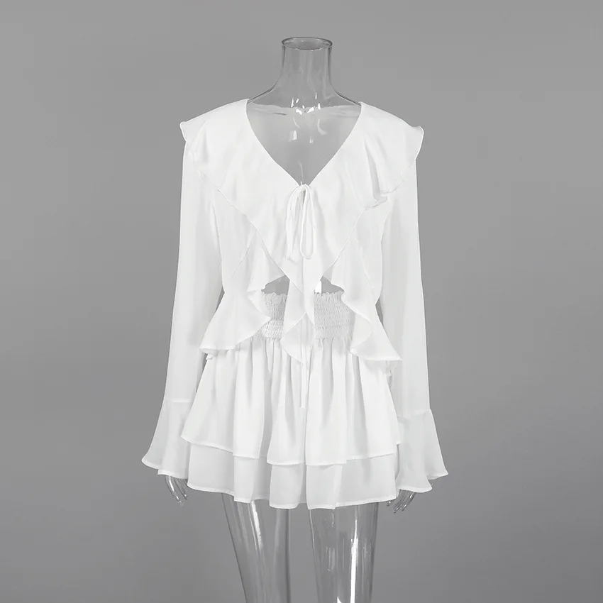 French Vintage White Chiffon 2 Piece Set Women Summer Sexy Ruffle V-Neck Tie Front Top Layer Skirt Set Elegant Boho Beach Outfit view 4