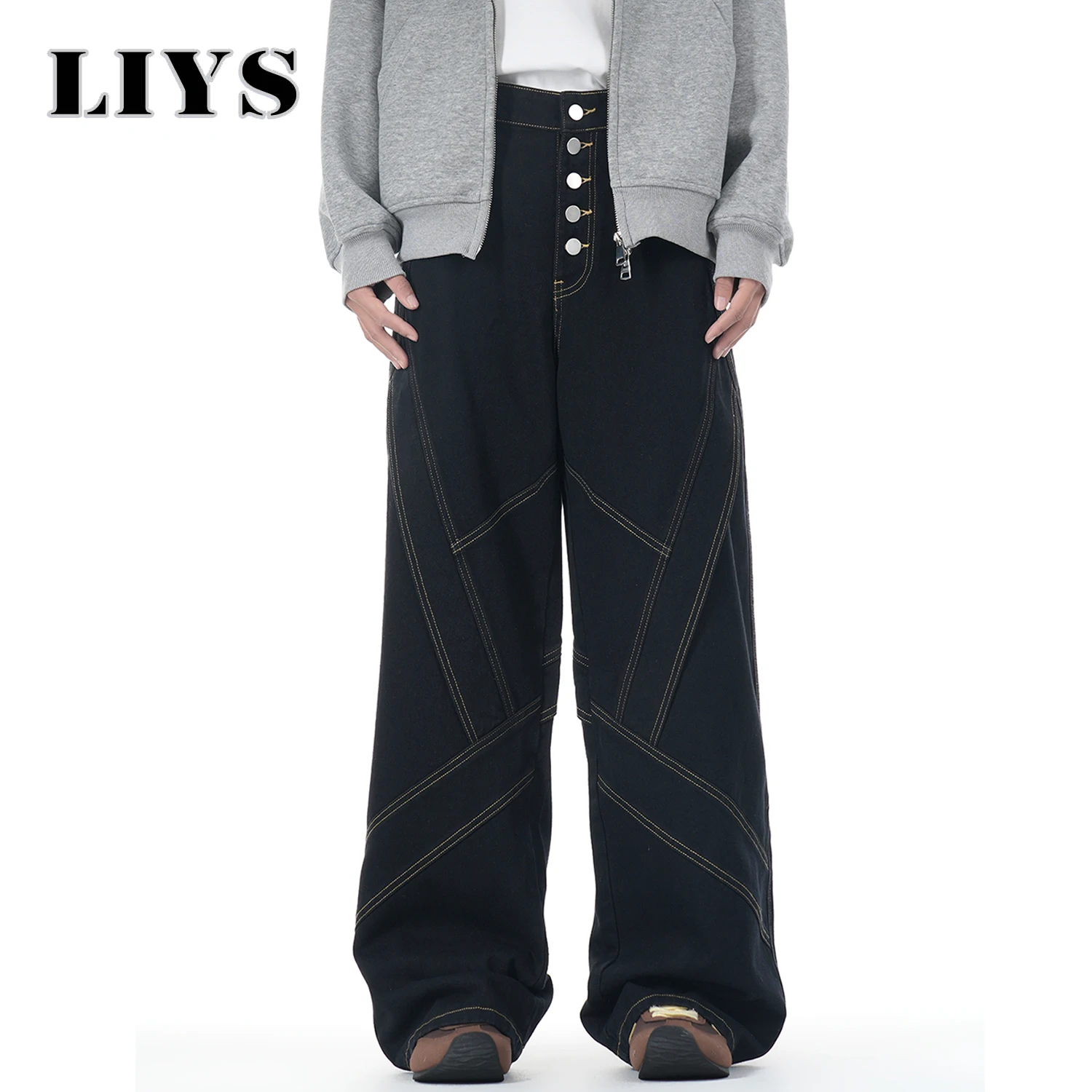 

American Retro Street Men's Baggy Wide Leg Jeans Korean Version Patchwork Deconstruction Button Hip-Hop Bad Boy Charm Denim Pant