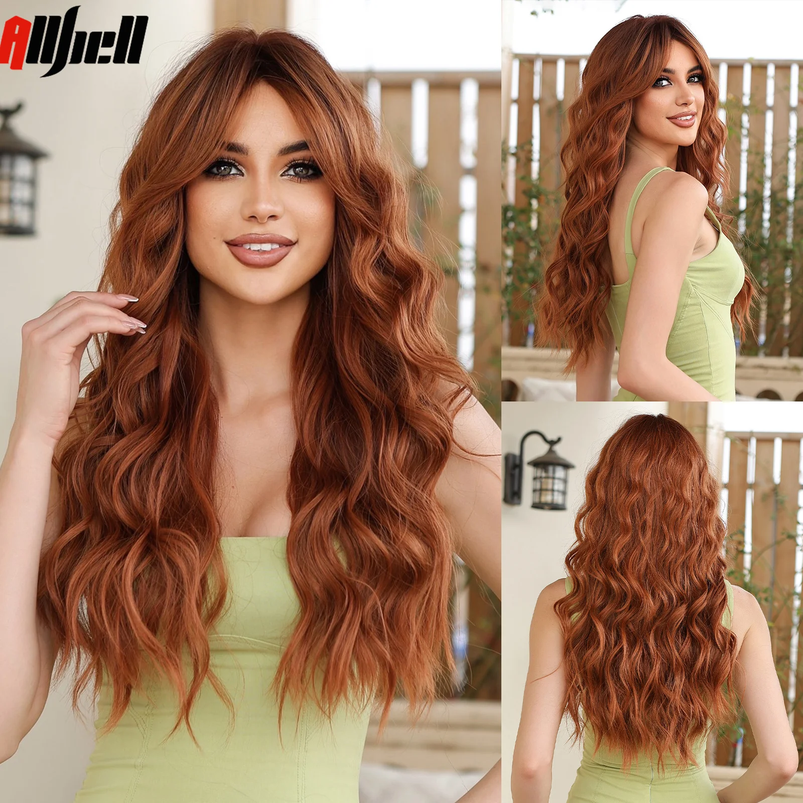 

Red Brown Synthetic Long Curly Wavy Hair Wig for Women Light Ginger Auburn Natural Wave Wig with Bangs Heat Resistant Daily Use