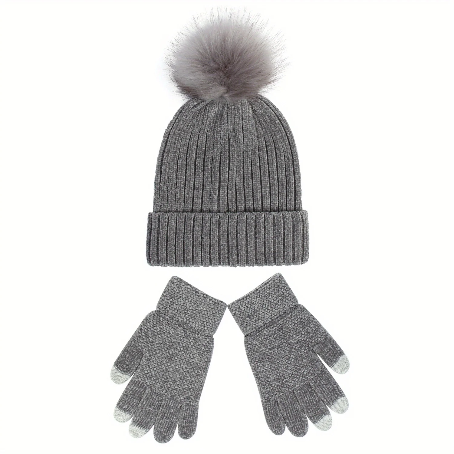 Chenille Knit Hat And Gloves Set Pom Pom Design Thickened Warm Winter Accessories For Women Girls Autumn Fashion