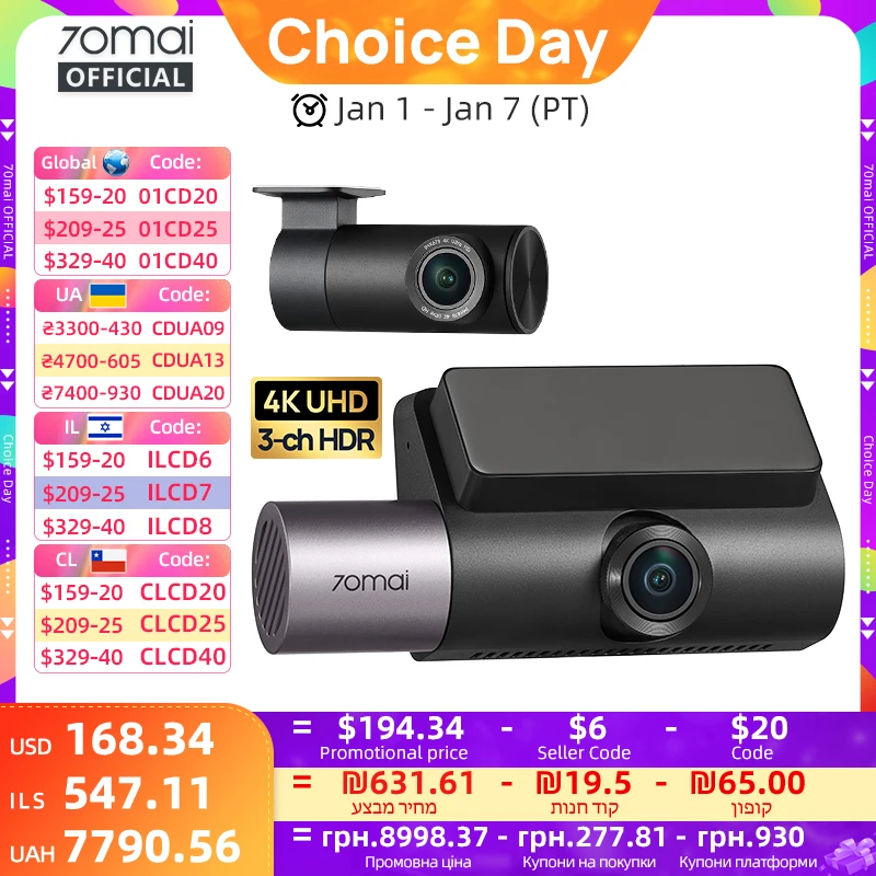 70mai autós kamera 4K T800 3 csatornás HDR szuperkondenzátoros első/hátsó utastér-felvétellel, GPS-es autós DVR 70mai T800 24 órás parkolóőr 4G támogatással