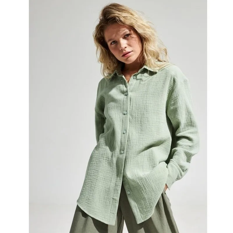 

Осенняя рубашка из 100% хлопка, повседневные однотонные свободные женские топы, одежда на пуговицах, элегантные женские блузки с длинными рукавами для отдыха