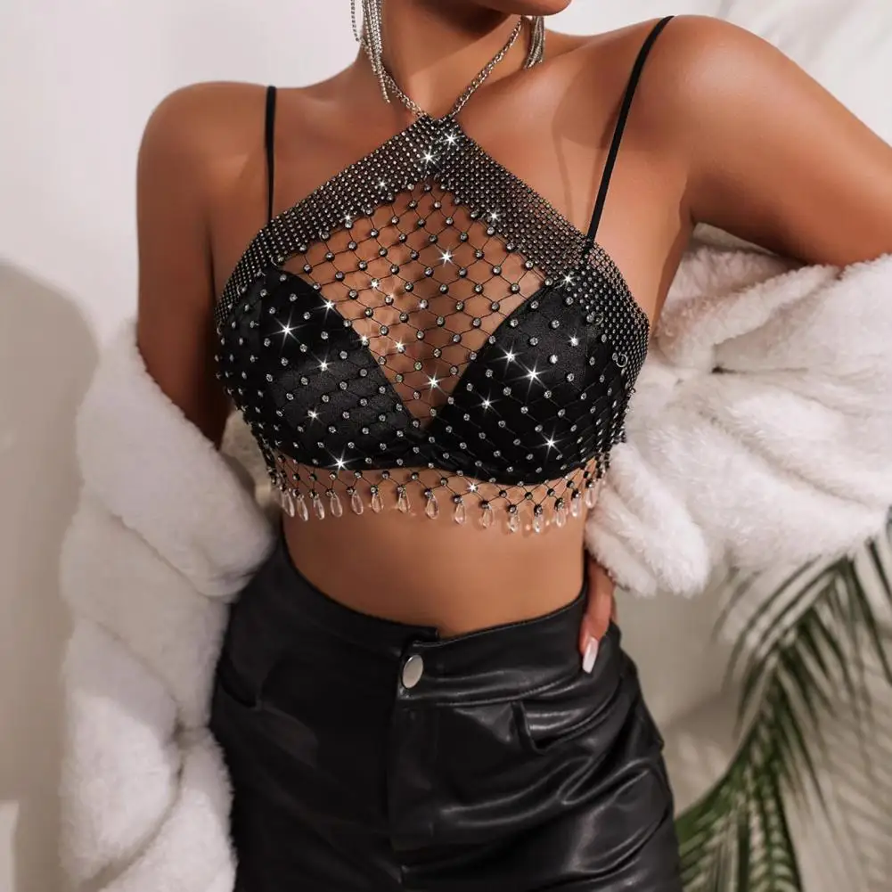 Sexy Halter Tops Sleeveless Backless Cropped Tops Hollow Fishnet Shiny Rhinestones Inlaid Perspective Neck Strap Top