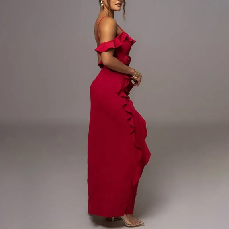 Women's Irregular Split Ruffled Backless Dress Celebration Party Evening Dress Solid Colors New Fashion Elegant Dresses YWFD013