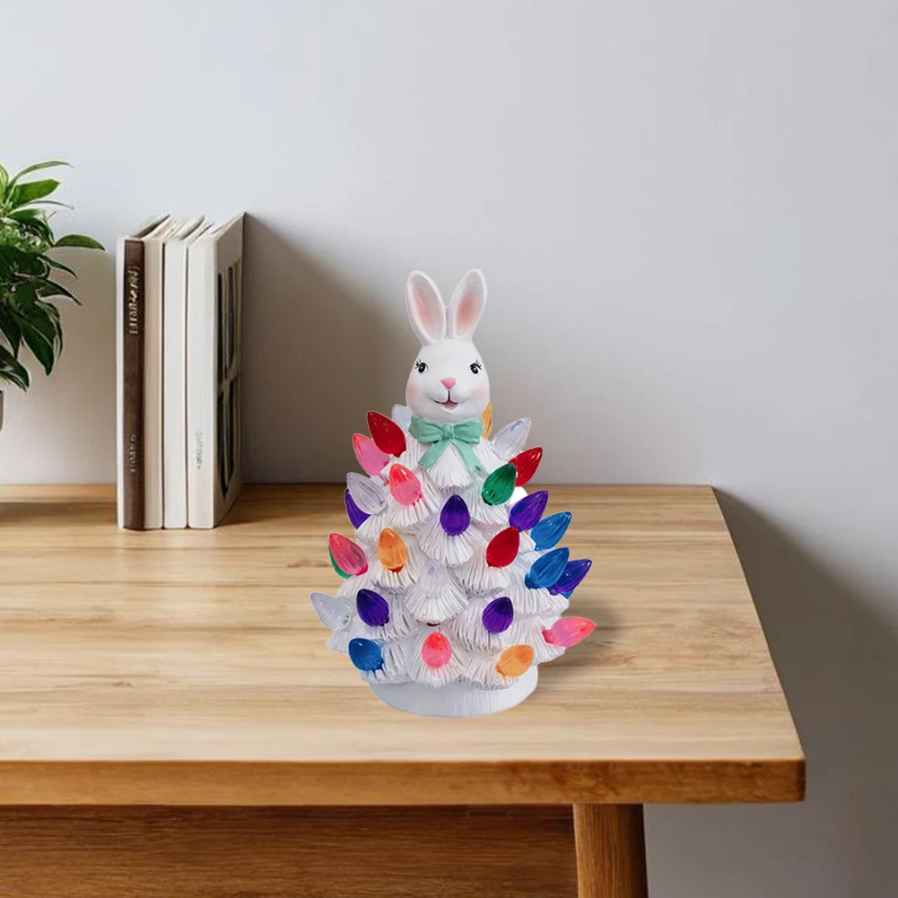 Easter Bunny Tree Decor Tabletop Rabbit Tree with LED Light Resin Desktop Tree Ornament Bunny Tree Decorations for Spring Easter