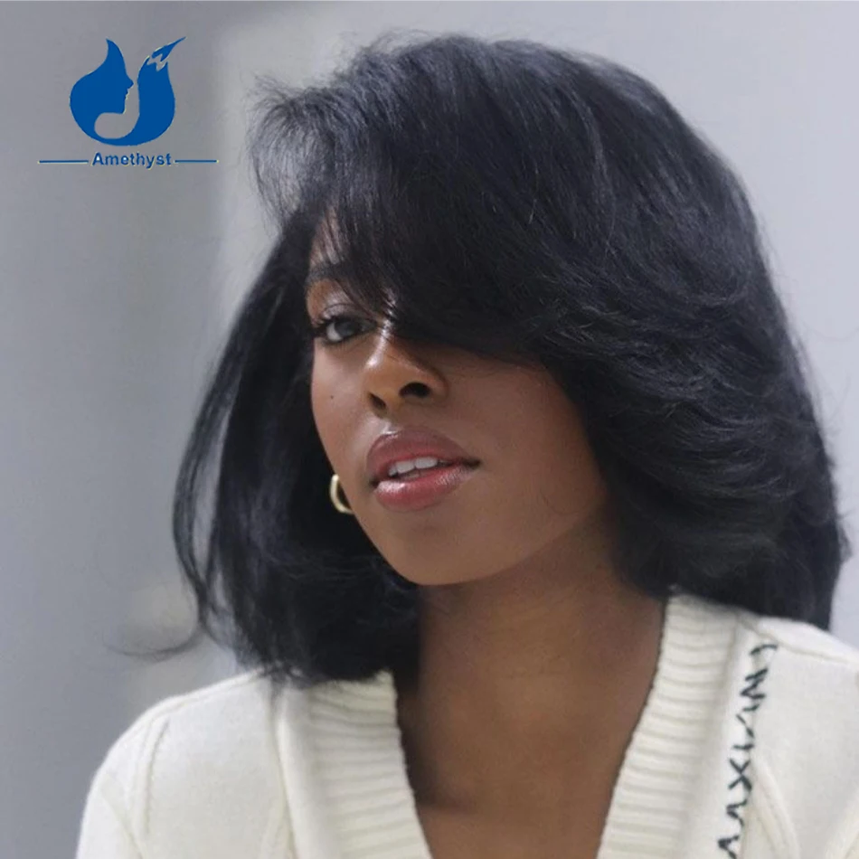 Peruca brasileira Yaki Bob cortada em camadas para mulheres, perucas de renda frontal, cabelo humano, preto natural, reto, curto, 13x6, 8 "-14"