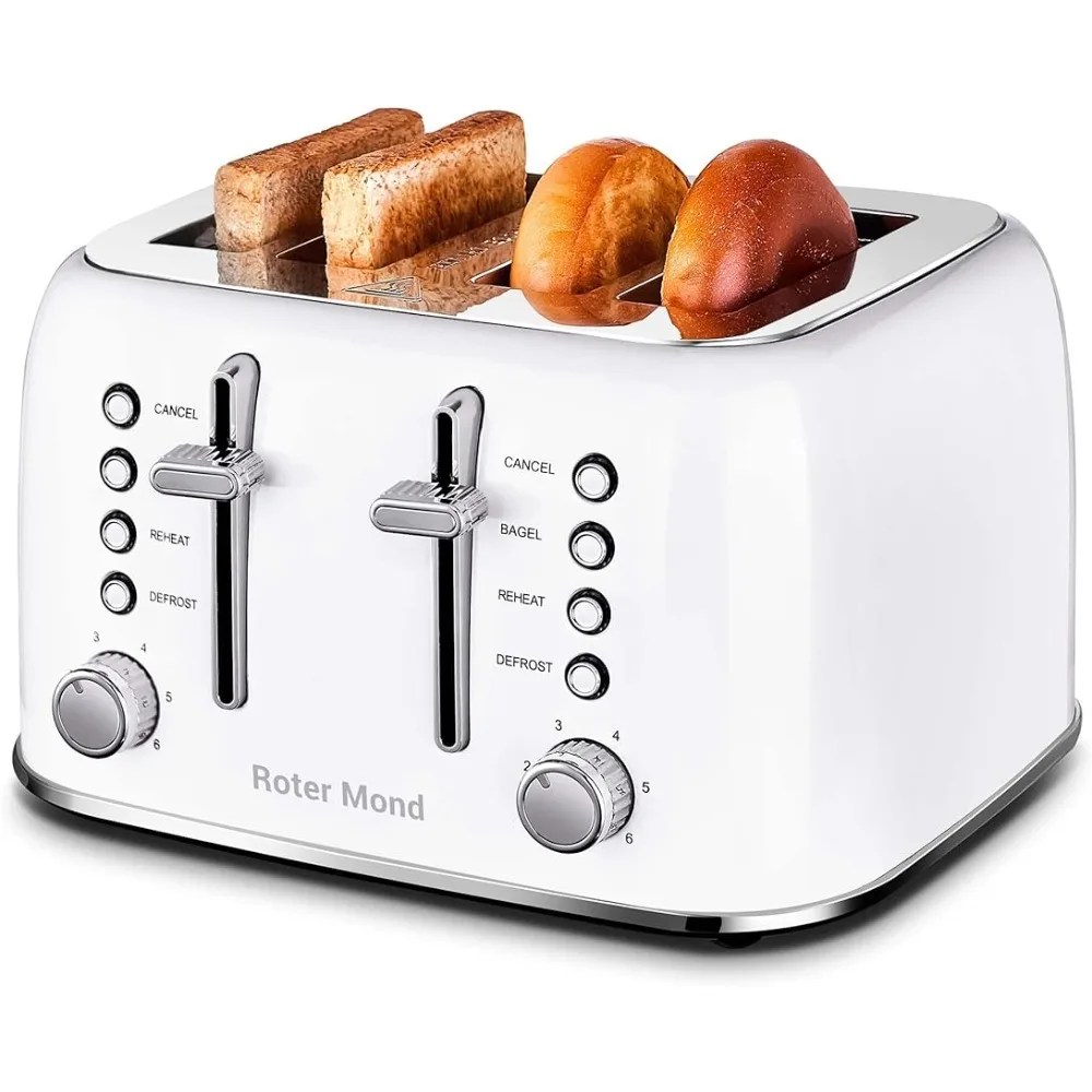 

Toaster 4 Slice, Retro Stainless Steel Toaster with Extra Wide Slots Bagel, Defrost, Reheat Function, White