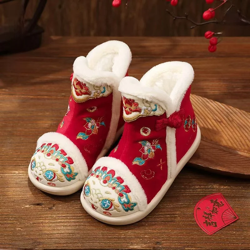 2024 Winter Girls Ethnic Style Embroidered Cotton Boots Soft Sole Non Slip High Top Slip On Plush Warm Hanfu Cotton Shoes