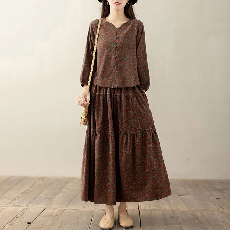 Spring Autumn Women\'s National Style Shirt + Skirt Floral Long Skirt Set Vintage Literature Cotton Linen Suit Women Outfit T2040