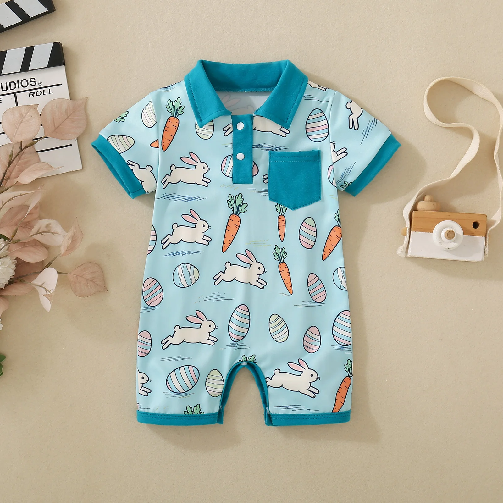Summer Neutral Baby Toddler Double Brushed Fabric Carrot Rabbit Print Short Sleeve Onesie for Crawling Easter English Product Ti