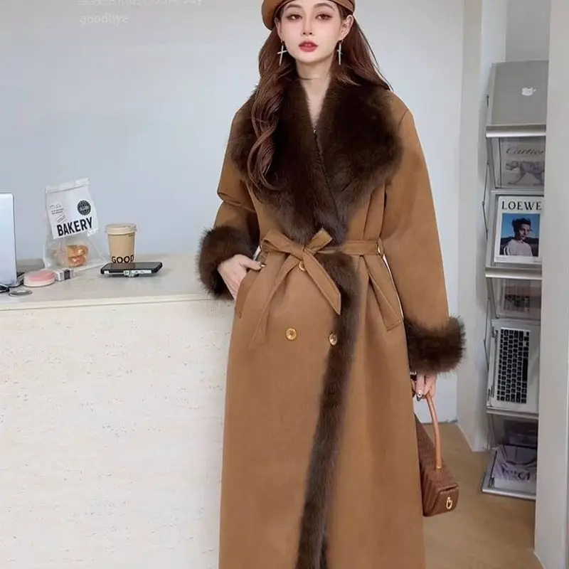 Blouse Outerwear Wool Coat Women's Autumn/Winter Fur Collar Notched Lapel Patchwork Eco-friendly Tie-front Suede Longline New