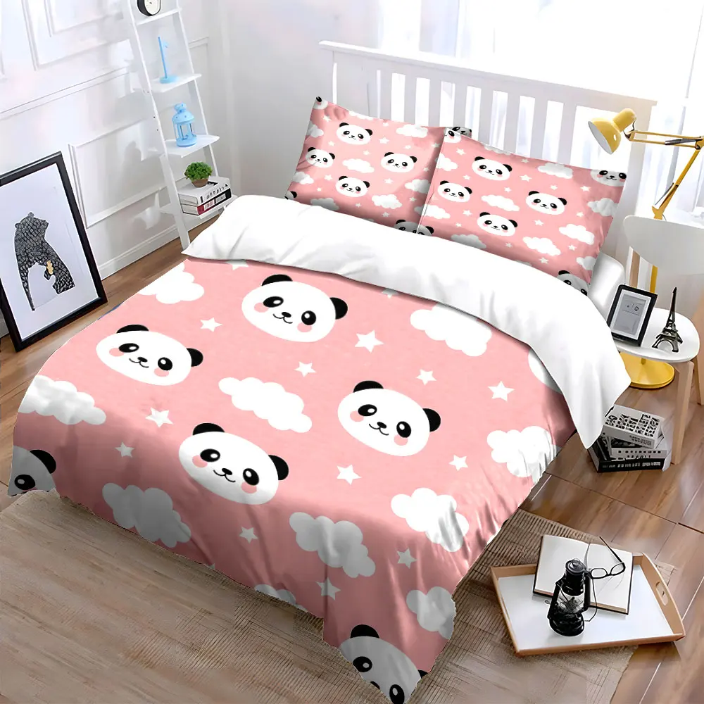 Cute pandas with clouds pink background Bedding Set for Kids Luxury Gift 3pcs Digital Print Comforter Set Soft Comfortable