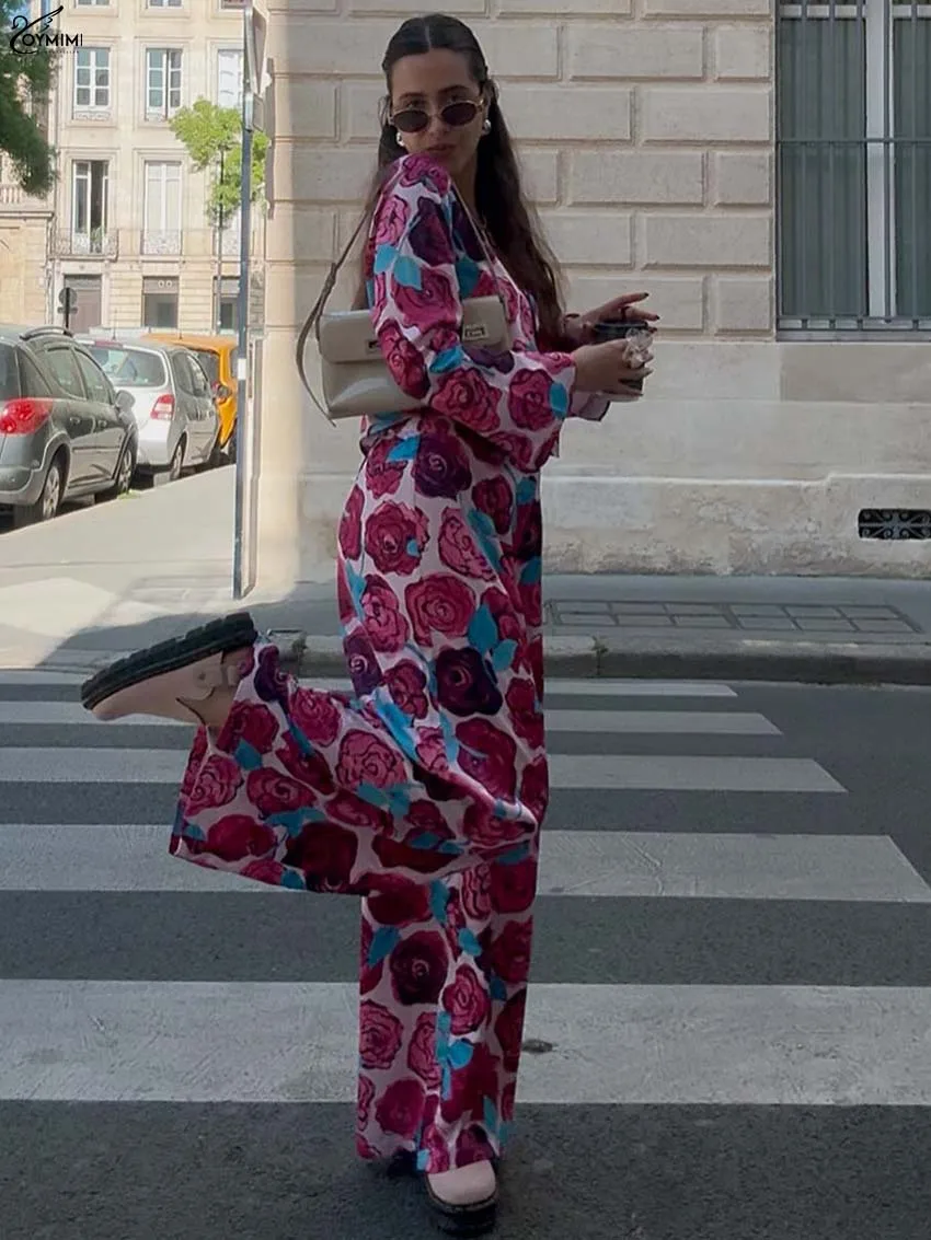 Oymimi Fashion Deep Pink Print 2 Pieces Set For Woman Elegant V-Neck Long Sleeve Lace-Up Shirts And Straight Zipper Trousers Set