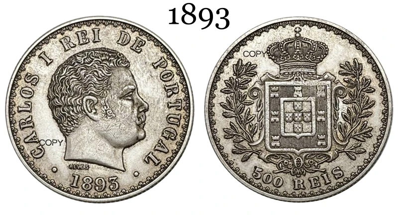 Moeda Comemorativa Portugal 1893 1894 500 Reis Carlos I Carlos Wreath Banhada a Prata Réplica para Coleção
