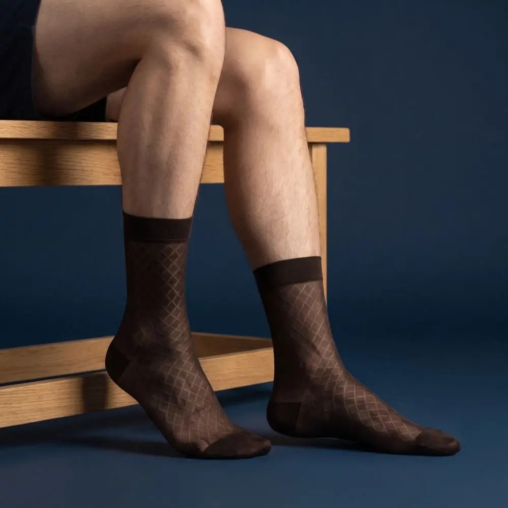Suit Socks Mid-calf Dress Socks Strip Grid Thin Socks Mesh Thin Business Socks Summer