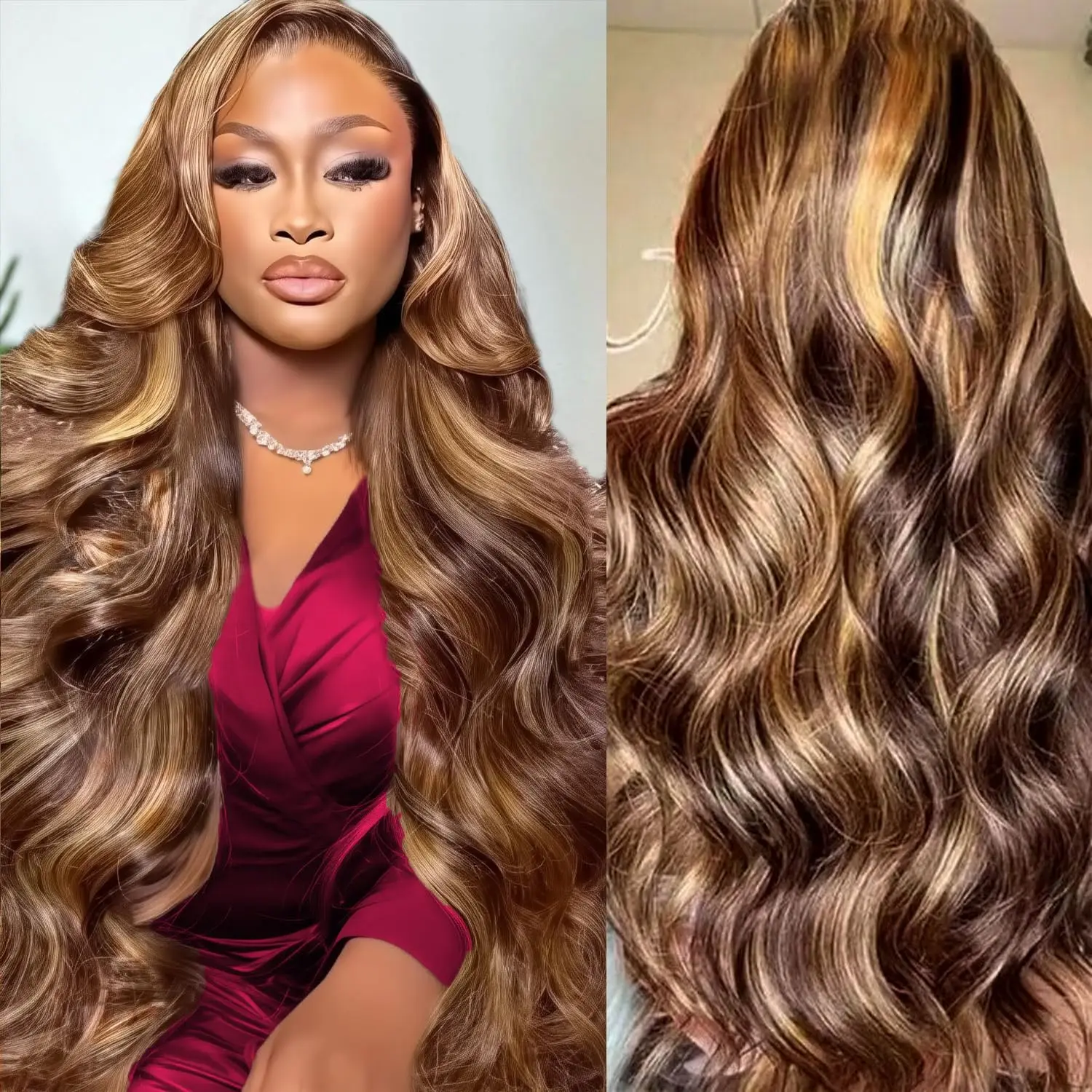 HD Highlight 46 Inch 13x4 Body Wave Lace Front Wigs 200 Density P4/27 Colored Human Hair 13x6 Body Wave Full Lace Frontal Wigs
