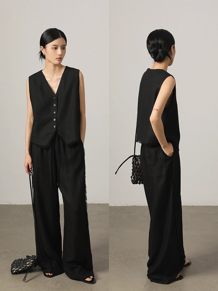 

Комплект из двух предметов Vimore: Женский модный повседневный костюм из высококачественного льняного полотна с бахромой по краю, для лета и осени