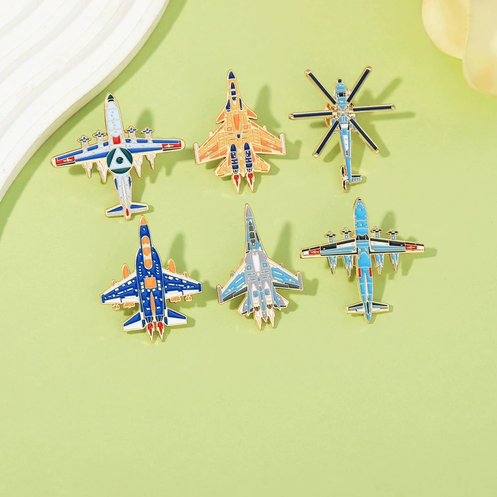 AWACS Transport Aircraft Helicopter Shaped Enamel Brooches J10 J16 Y20 Bomber Fighter Golden Pins