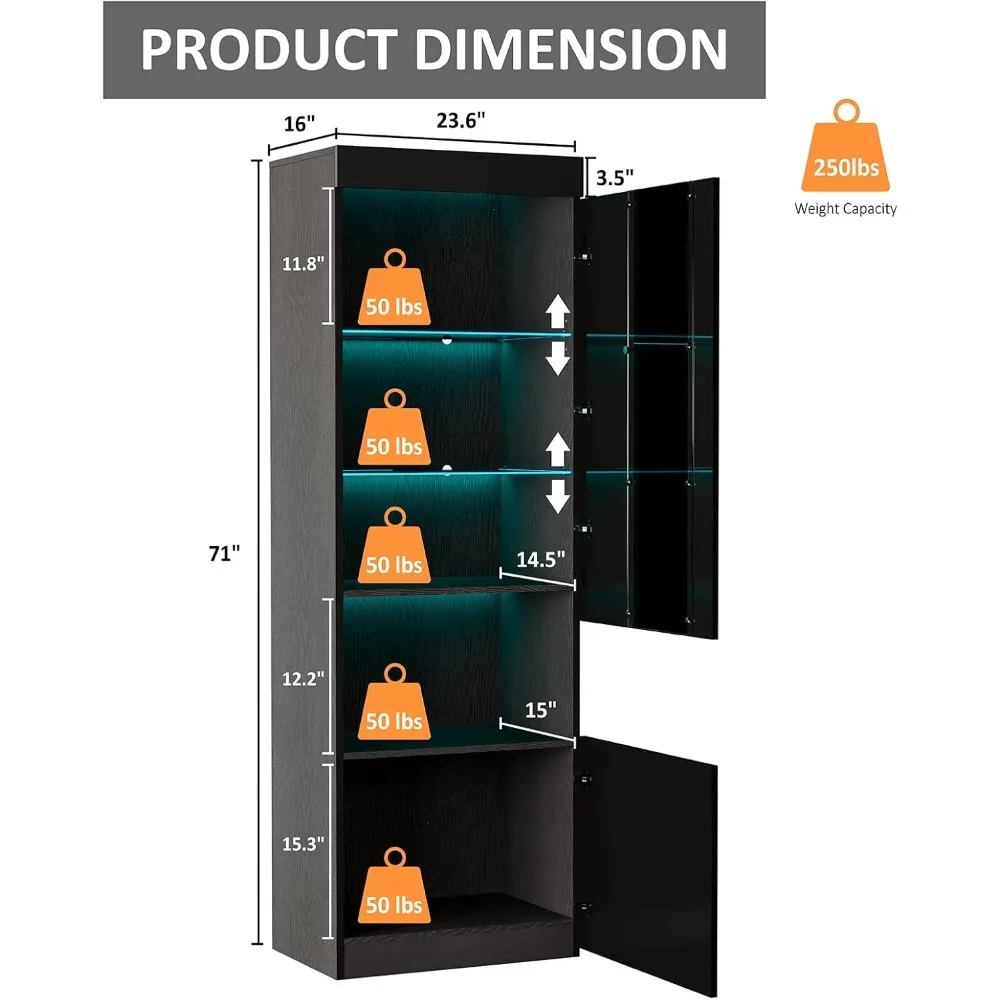 2 Piece Display Cabinet with Glass Doors, 5 Tiers for Storage & Adjustable Glass Shelves, 71in High Gloss LED Display Cabinet