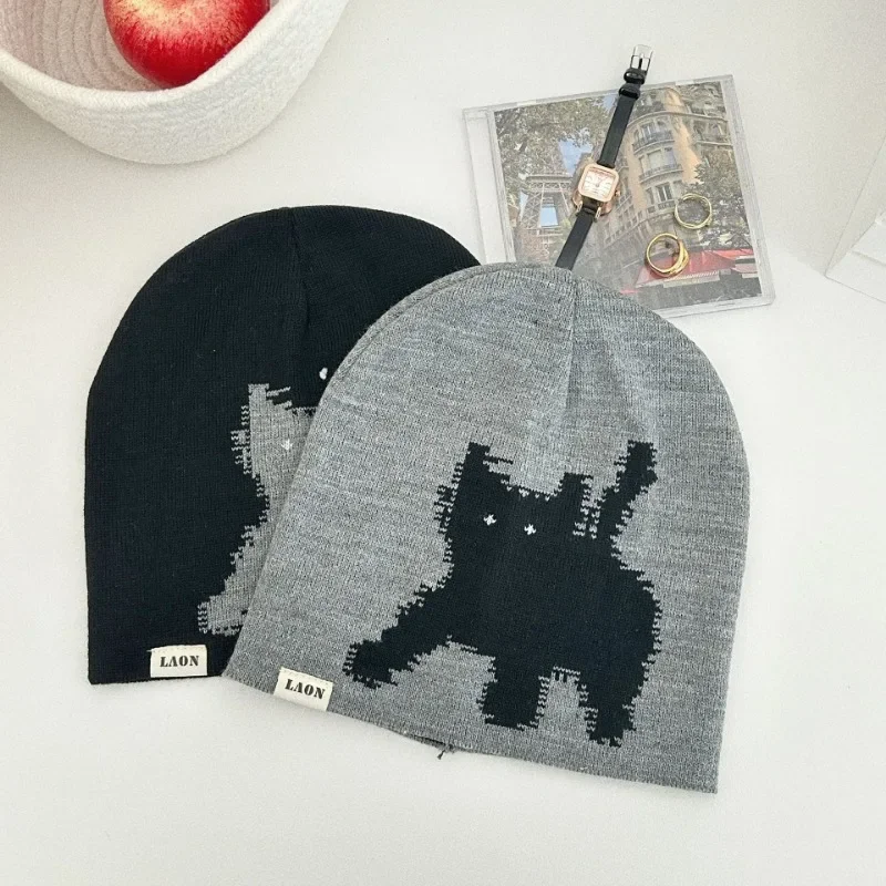 Korean Simple Cat Jacquard Knitted Beanies Cap Autumn Winter Warm Casual Versatile Retro Pullover Cold Hats for Men and Women