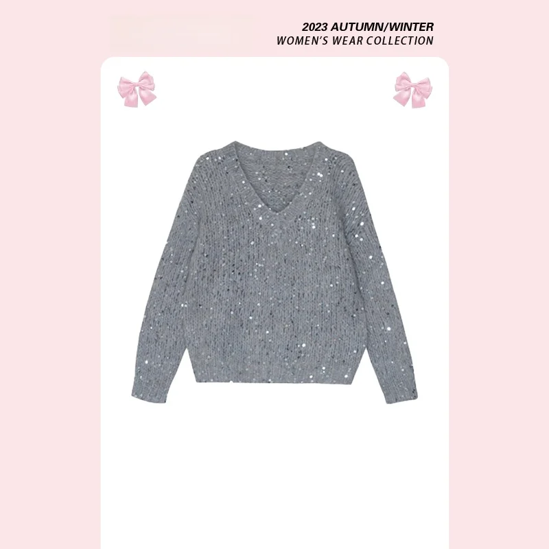 

Женский свитер Forever 2 Lazy Sle с V-образным вырезом и пайетками, осенне-зимний дизайн, удлиненный, свободного кроя, с эффектом «апельсиновой корки»