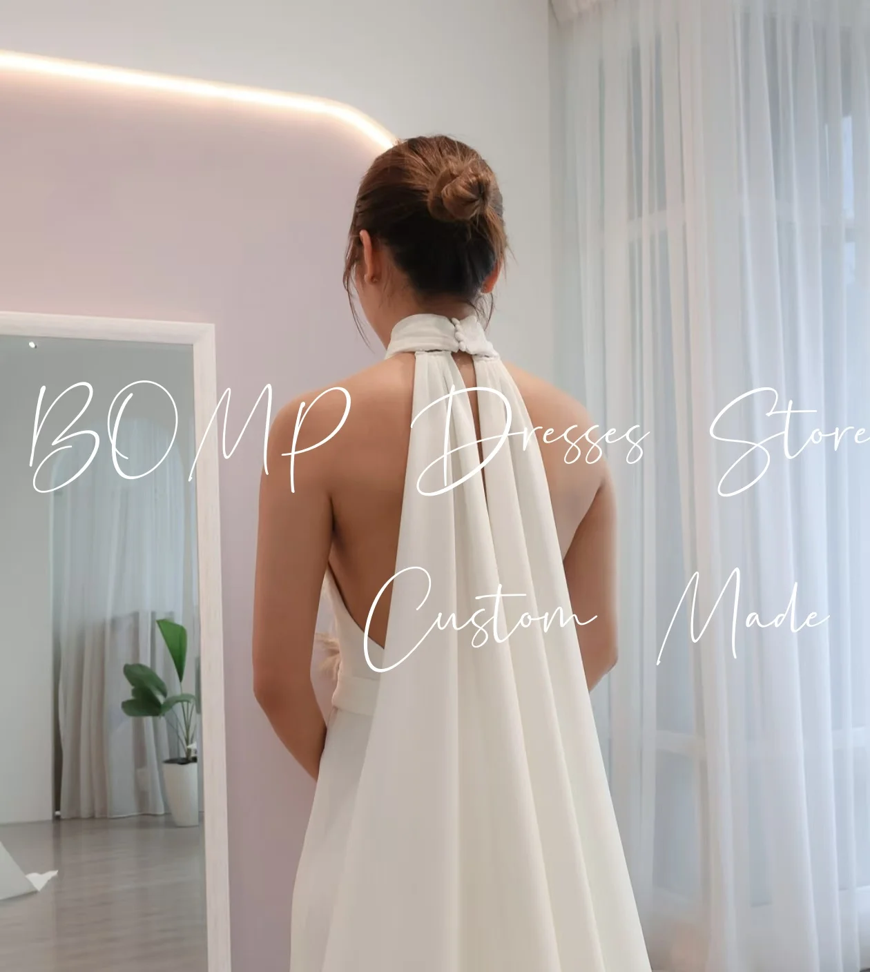 BOMP Elegant Wedding Dress Halter Cut Out Backless Mermaid Side Slit Sweep Train Ivory Satin Bridal Gown Customized Simple