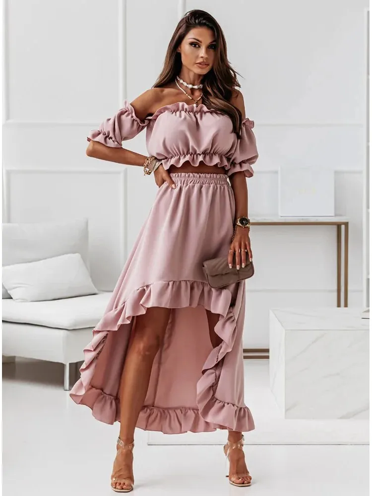 Two Piece Elegant Party Skirt Sets For Women Puff Short Sleeves Hollow Out Waist Dress Solid Irregular Hem Flowy Long Dresses