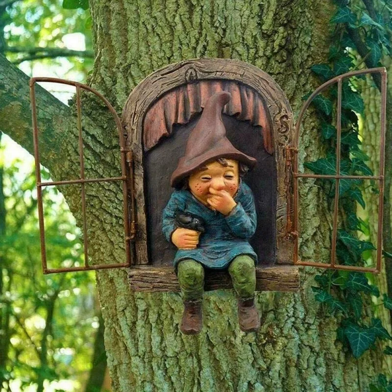 2026 Funny Naughty Gnome Tree Hugger Statue Elf Peeking Out The Door Figurine Outdoor Garden Yard Decorative Sculpture