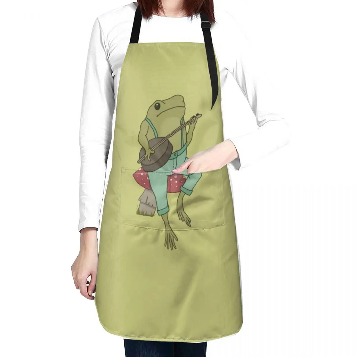 Cottagecore Emo Froggy Banjo Player: Goblincore Toad in Farmer Costume on Mushroom Toadstool Apron Manicurists Restaurant Apron