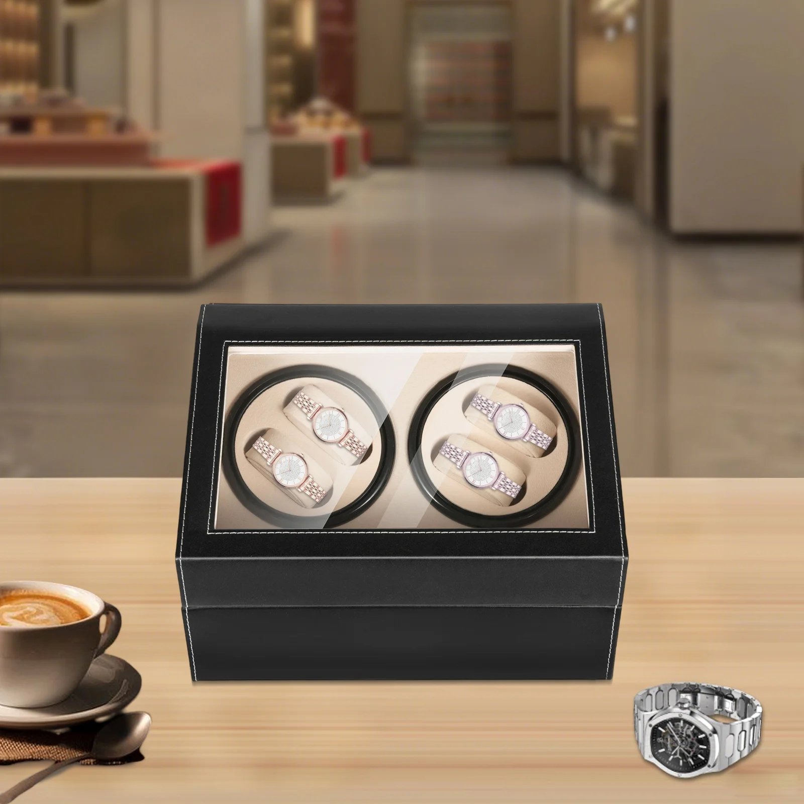 100-240V watch winder, w/ 4+6 Compartments& Separate Control Switch for store mechanical watches, jewelry 11.81*9.44"