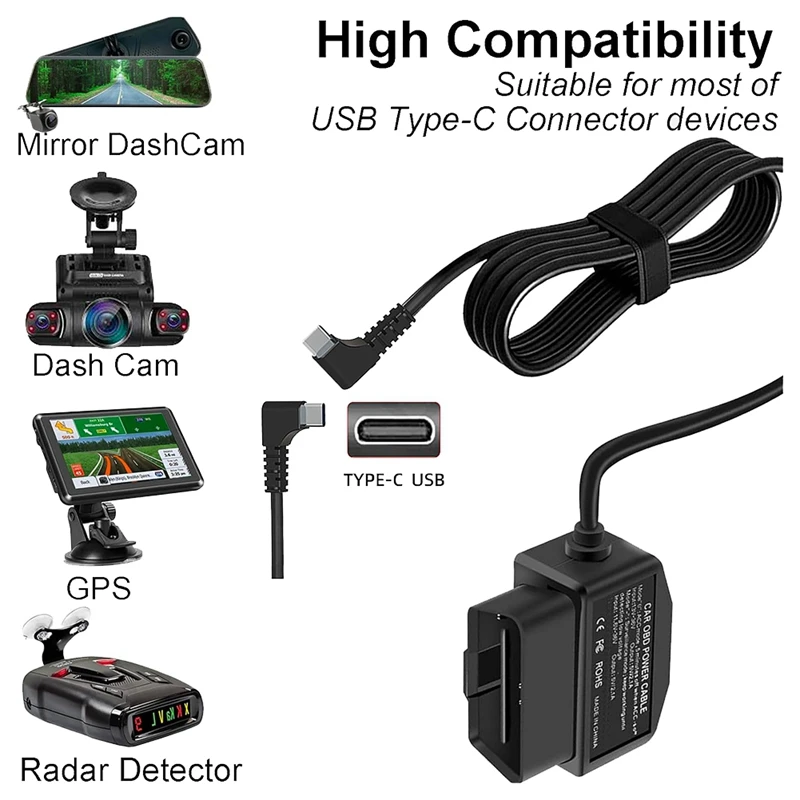 Dash Cam OBD Hardwire Kit,Dash Camera USB Type C Hardwire Kit With OBD Power Cable For Dashcam 12-24V To 5V/3A