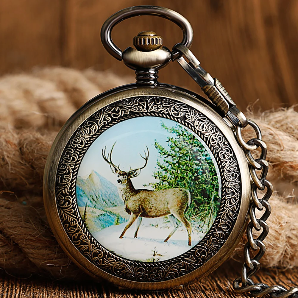 Elk Pattern Bronze/Silver Mechanical Hand Winding Pocket Watch Men Gift Roman Numerals Dial Full Hunter Pendant Pocket Timepiece