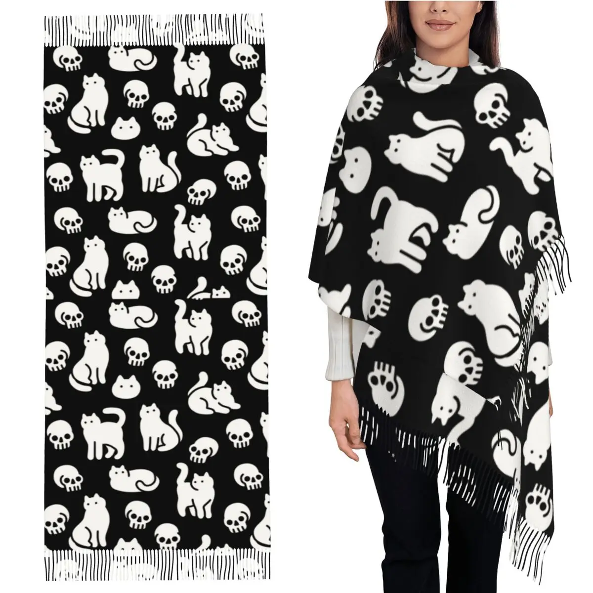 

Шарф с кошками и черепами, шарфы с кисточками для женщин, мягкие теплые шали и накидки, большая осенне-зимняя шаль